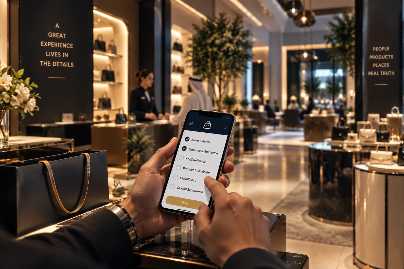 A mystery shopper in a luxury Gulf boutique, completing a visit checklist on the QualTruth app